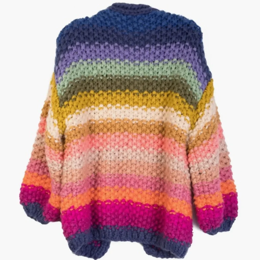 SAACHI Multicolor Chunky Knit Striped Cardigan - Blue, Pink, Yellow - Picture 8 of 13